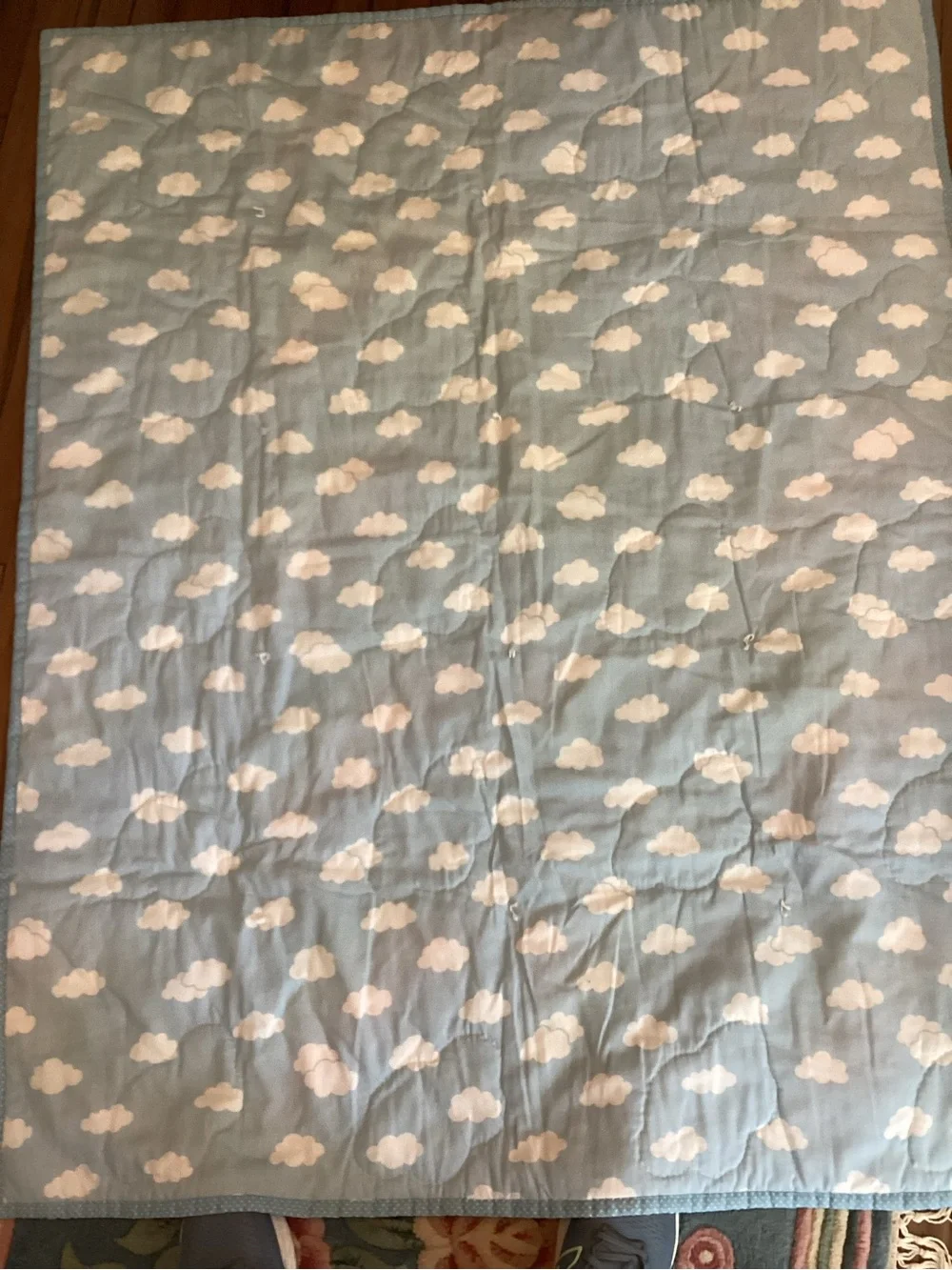 Handmade Rainbow Stripe Patchwork Quilt Light Blue Cloud Background Cottegecore